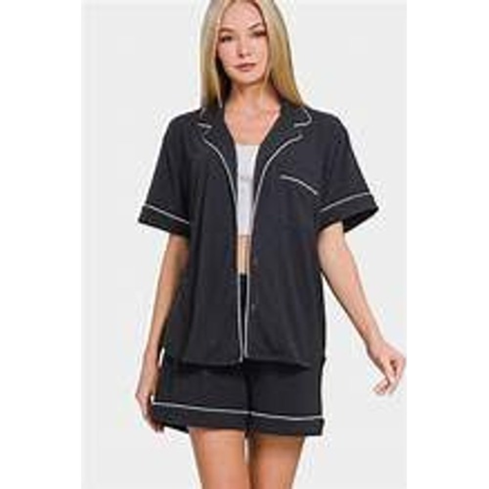 Zenana Womens Black Pajama Set Short Sleeve Button Down Shorts Small